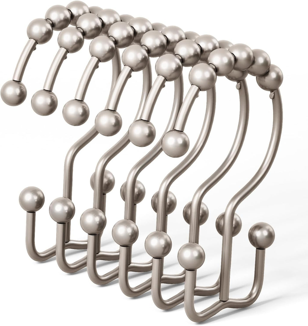 DAWNER Shower Curtain Hooks, Rust Proof Metal Easy Glide Double Rings, Stainless Steel Hangers for Bathroom Curtains, Set of 12, Brushed Nickel