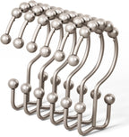 DAWNER Shower Curtain Hooks, Rust Proof Metal Easy Glide Double Rings, Stainless Steel Hangers for Bathroom Curtains, Set of 12, Brushed Nickel