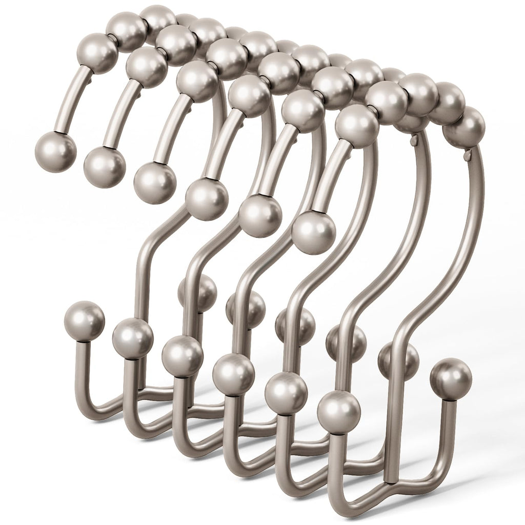 DAWNER Shower Curtain Hooks, Rust Proof Metal Easy Glide Double Rings, Stainless Steel Hangers for Bathroom Curtains, Set of 12, Brushed Nickel