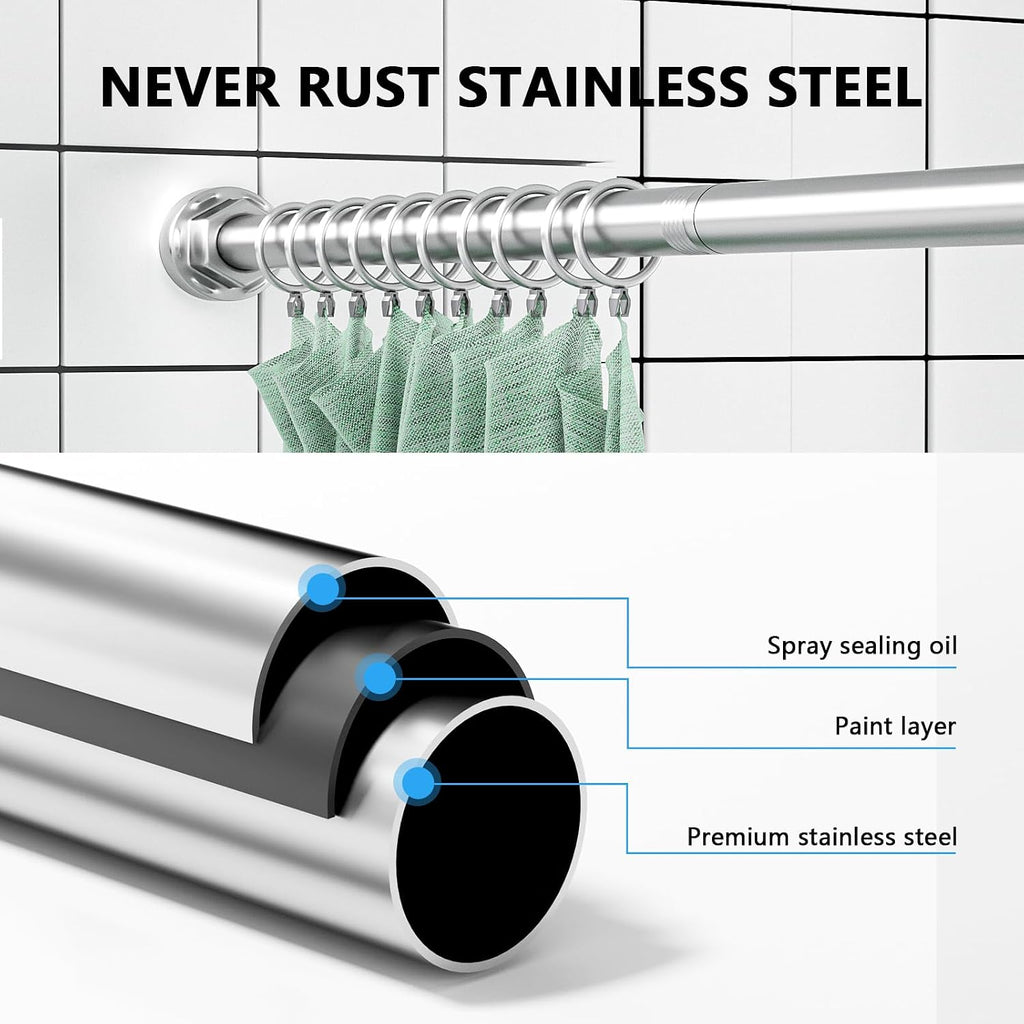 Shower Curtain Rod 27-79 Inches, Adjustable Tension Shower Rod No Drilling, No Slip, Spring Tension Curtain Rod for Bathroom Kitchen Closet Windows - Silver