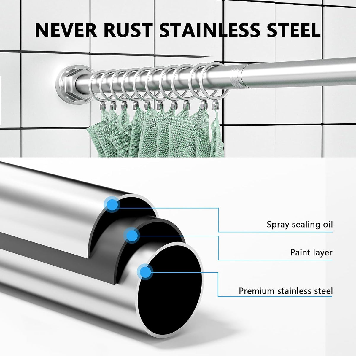 Shower Curtain Rod 27-79 Inches, Adjustable Tension Shower Rod No Drilling, No Slip, Spring Tension Curtain Rod for Bathroom Kitchen Closet Windows - Silver