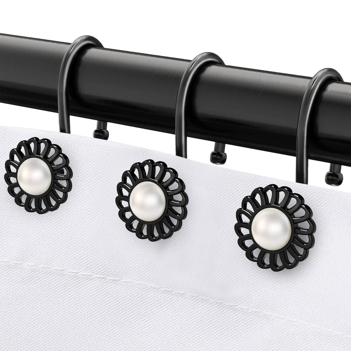 Nickel Shower Curtain Hooks Rings, Decorative Shower Curtain Hangers, Heavy Duty Metal Shower Rings, Sunflower Shower Hooks for Shower Curtain Rod and Liner, Bathroom Curtain Hooks, Set of 12