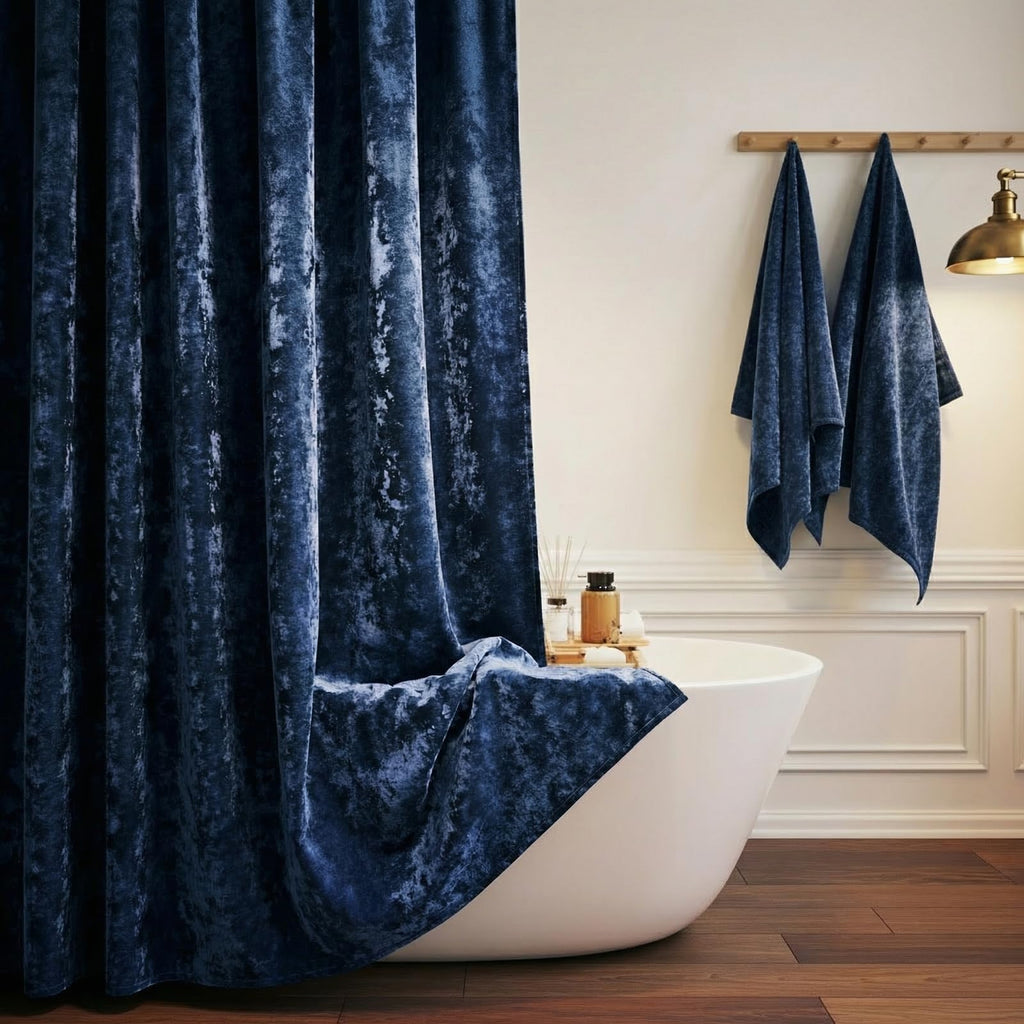 TAMGHO Crushed Velvet Shower Curtain, Dark Green Luxury Shower Curtain with Gold Decro Metal Hooks, Machine Washable Thick Fabric Bathroom Curtain, 72x72