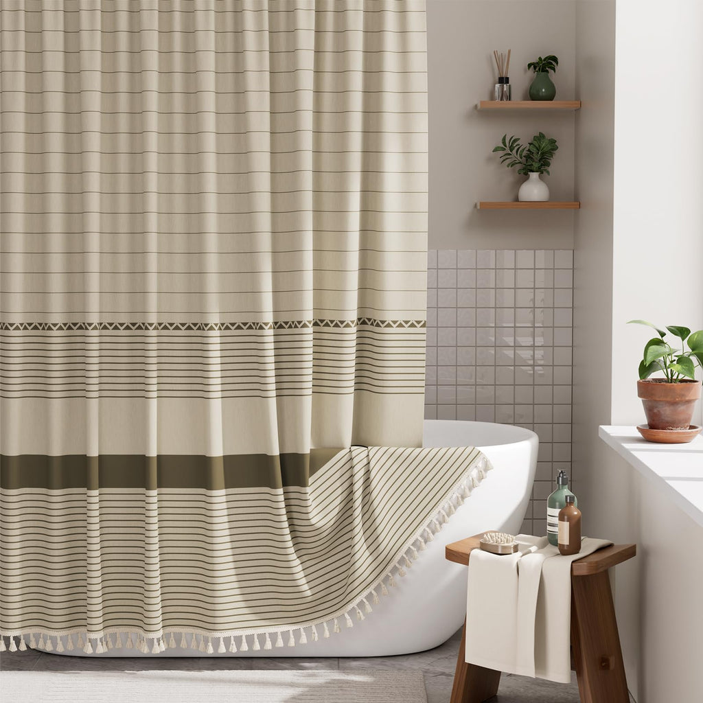AmazerBath Boho Shower Curtain, Modern Farmhouse Shower Curtain Set with Tassels, Rustic Faux Linen Green Striped Shower Curtain with Hooks, Light Tan Toned, 72x72 Inches