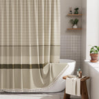 AmazerBath Boho Shower Curtain, Modern Farmhouse Shower Curtain Set with Tassels, Rustic Faux Linen Green Striped Shower Curtain with Hooks, Light Tan Toned, 72x72 Inches