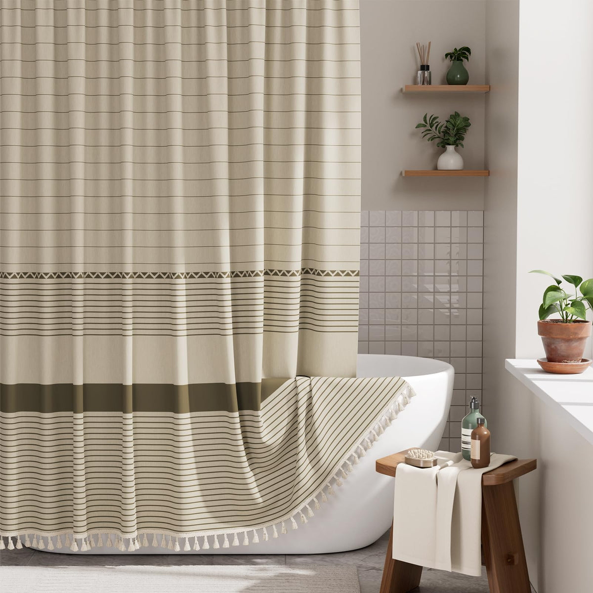 AmazerBath Boho Shower Curtain, Modern Farmhouse Shower Curtain Set with Tassels, Rustic Faux Linen Green Striped Shower Curtain with Hooks, Light Tan Toned, 72x72 Inches