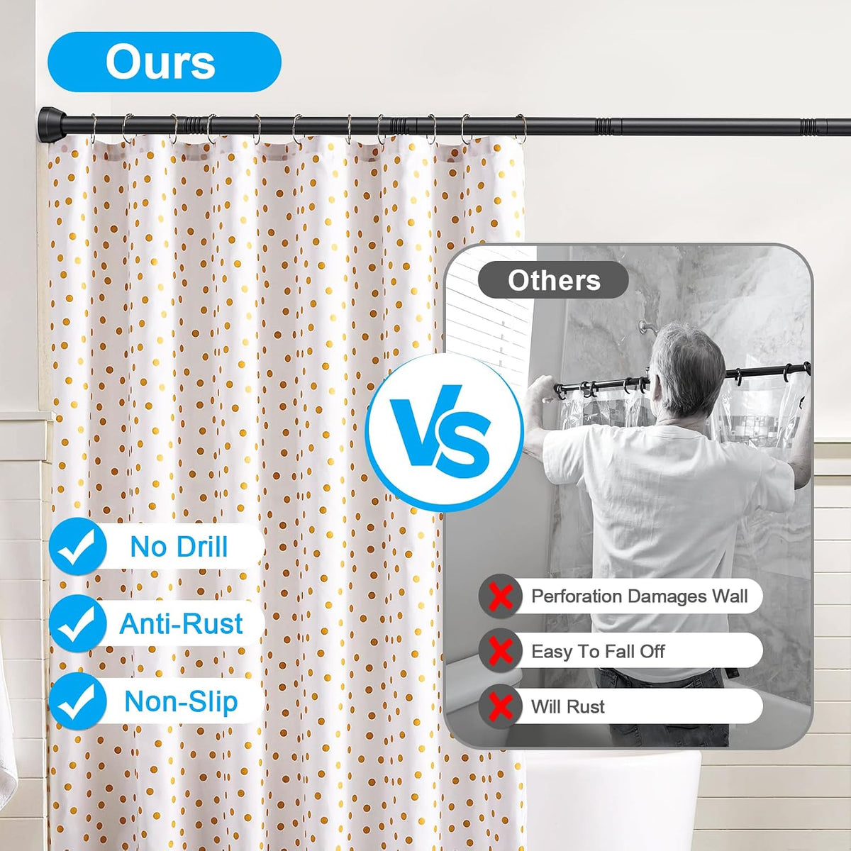 TEECK Shower Curtain Rod, 32-79 inch Adjustable Tension Spring, 1 Inch Shower Curtain Rod Tension, Anti-Slip, Rust-Proof, No Drilling, for Bathroom, Black