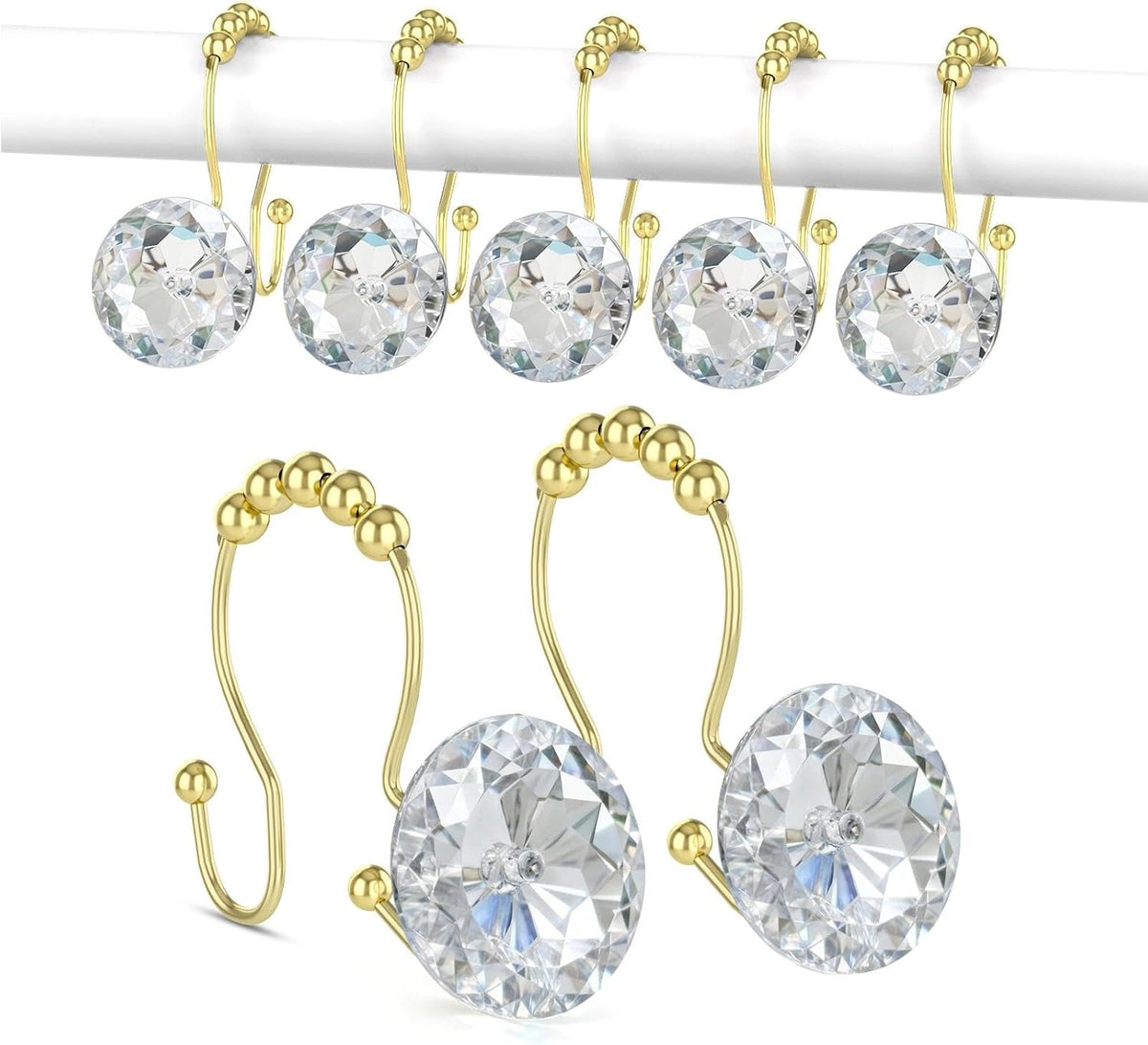 Goowin Shower Curtain Hooks, Crystal Shower Curtain Rings, Stainless Steel Gold Shower Curtain Hooks, Metal Shower Curtain Hangers, Decorative Double Shower Hooks for Shower Curtain & Liner, Gold
