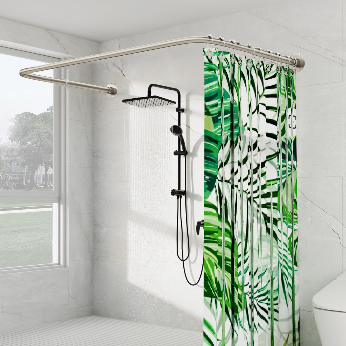 U Shaped Shower Curtain Rod, [Both Sides: 23"-52", Middle: 31"-46.5"] Adjustable U Shape Shower Rod Black Outdoor Corner Curtain Pole for Bathroom Bathtub with Ceiling Support & 12 Hooks