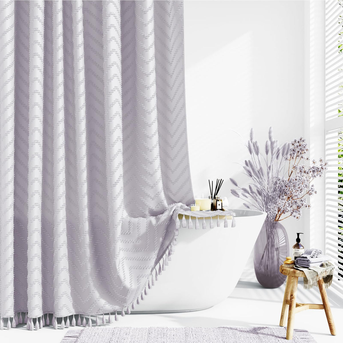Dynamene Boho Farmhouse Fabric Shower Curtain Tufted Chevron 72"x72" Black