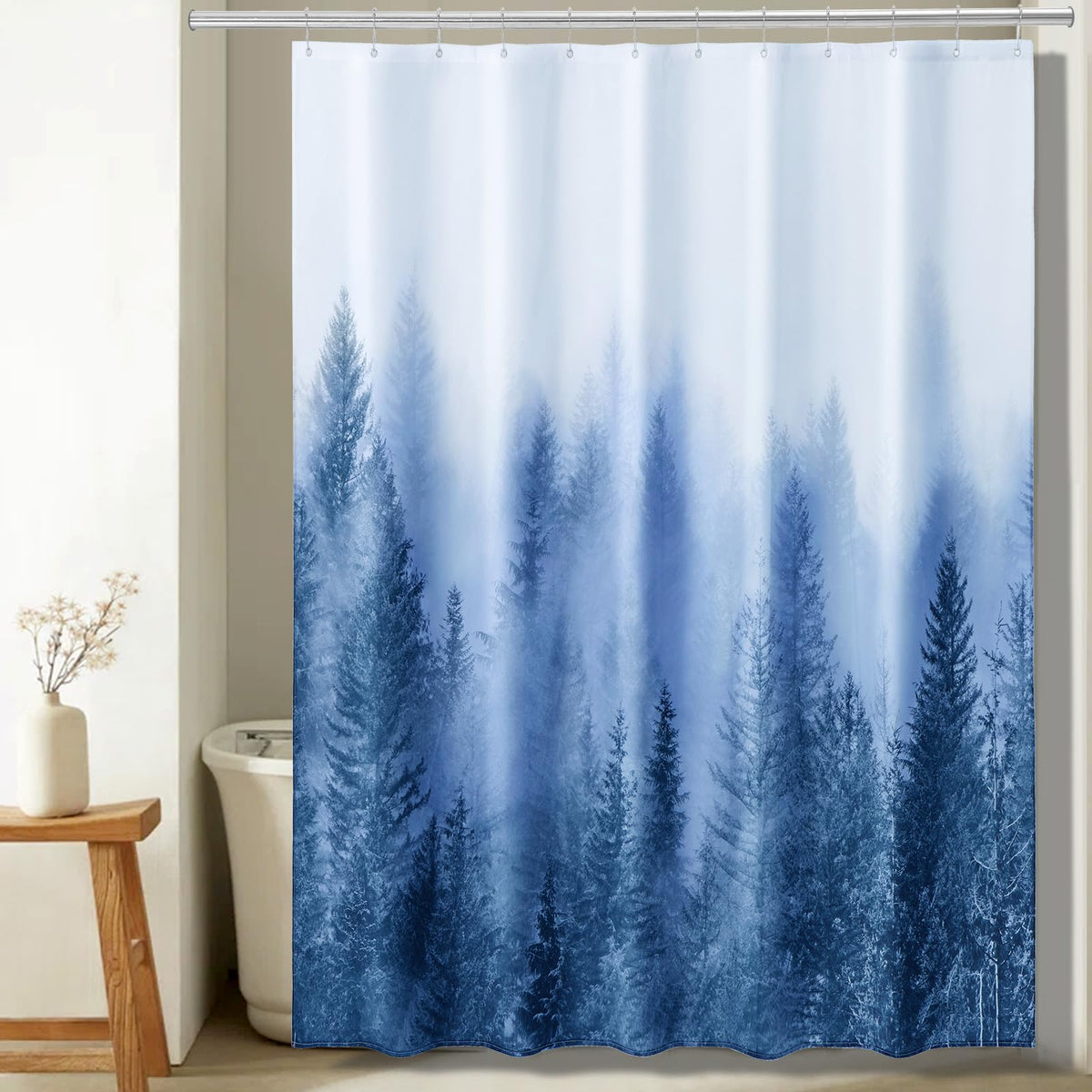 ORTIGIA Dark Green Misty Forest Shower Curtain for Bathroom, Nature Woodland Shower Curtain Set with Hooks, Decorative Pine Tree Fog Magic Bath Curtain for Home, Waterproof Fabric, Weighted, 72x72