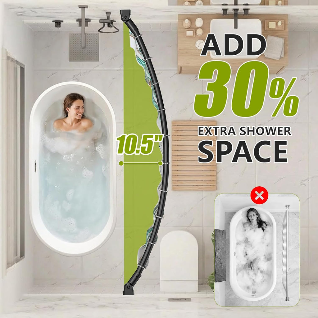 Curved Shower Curtain Rod， Adjustable 33-78 Inches Matte Black All Stainless Steel Curved Shower Rod，Shower Curtain Rod for Extra Shower Space for Bathroom, Bathtub, Stall, No Rust, Need to Drill