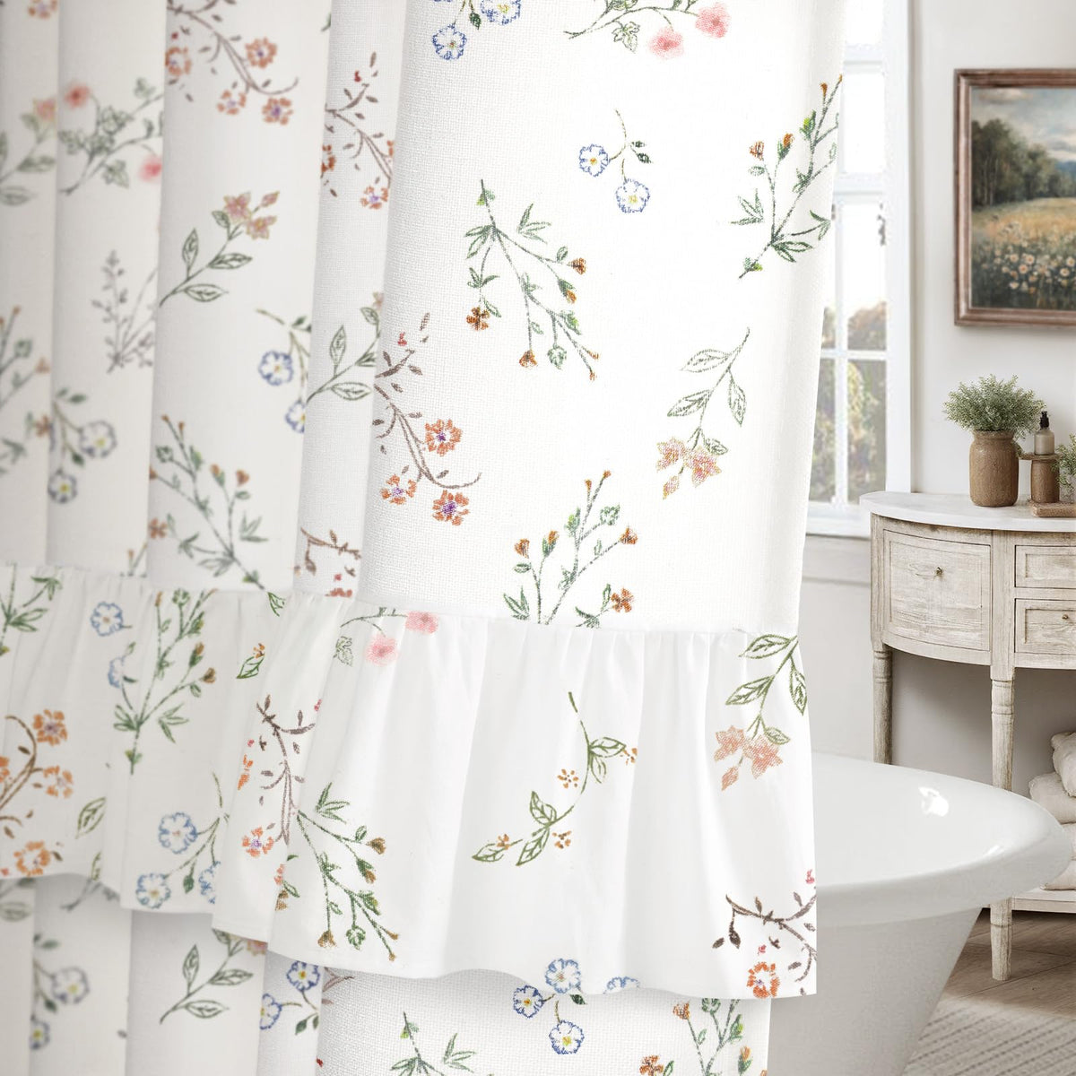 Floral Farmhouse Vintage Linen Shower Curtain French Country Decor 72Wx72H