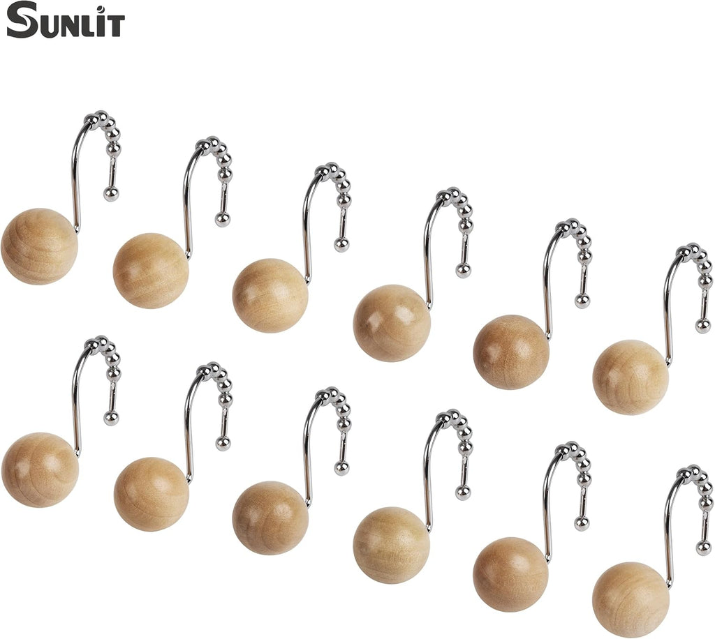 Sunlit Boho Wood Beads Decorative Shower Curtain Hooks, Shower Curtain Rings with Roller Balls, Farmhouse Bathroom Decoration Curtain Hangers Accessories, Set of 12, Natural