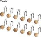 Sunlit Boho Wood Beads Decorative Shower Curtain Hooks, Shower Curtain Rings with Roller Balls, Farmhouse Bathroom Decoration Curtain Hangers Accessories, Set of 12, Natural
