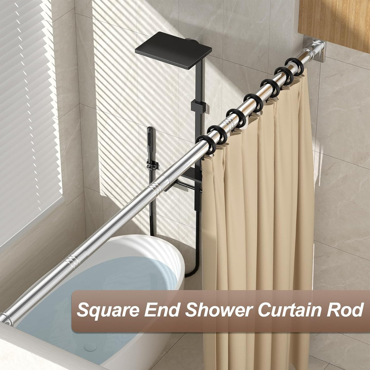 Shower Curtain Rod Square End Shower Rods for Bathroom 32"-92" Stainless Steel No Drilling for Shower Stall Living Room