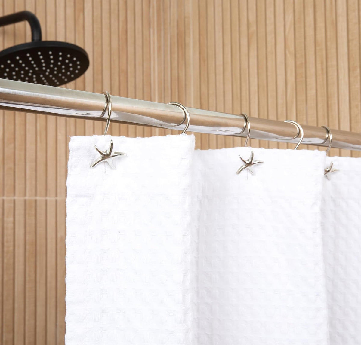 Starfish Shower Curtain Hooks – 12-Pack Decorative Chrome Bathroom Hooks for Bathroom Shower Curtains, Premium Chrome Craftsmanship, Easy Install, Coastal Beach Nautical Decor