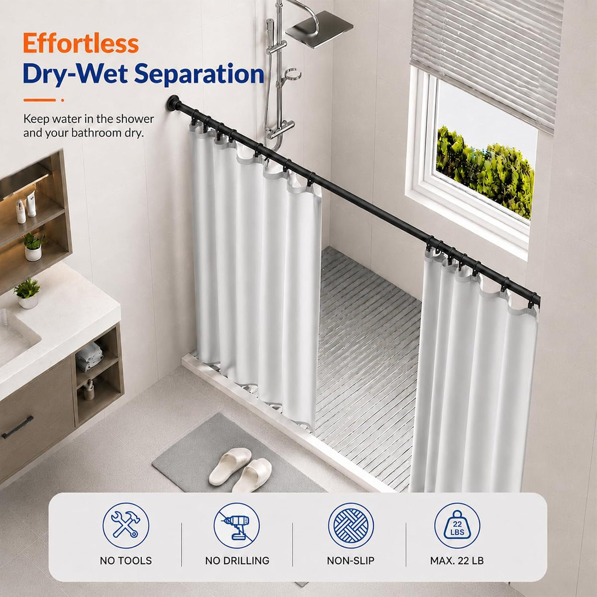 ALLZONE Heavy Duty Tension Shower Curtain Rod, 42–83 in., Stay-in-Place