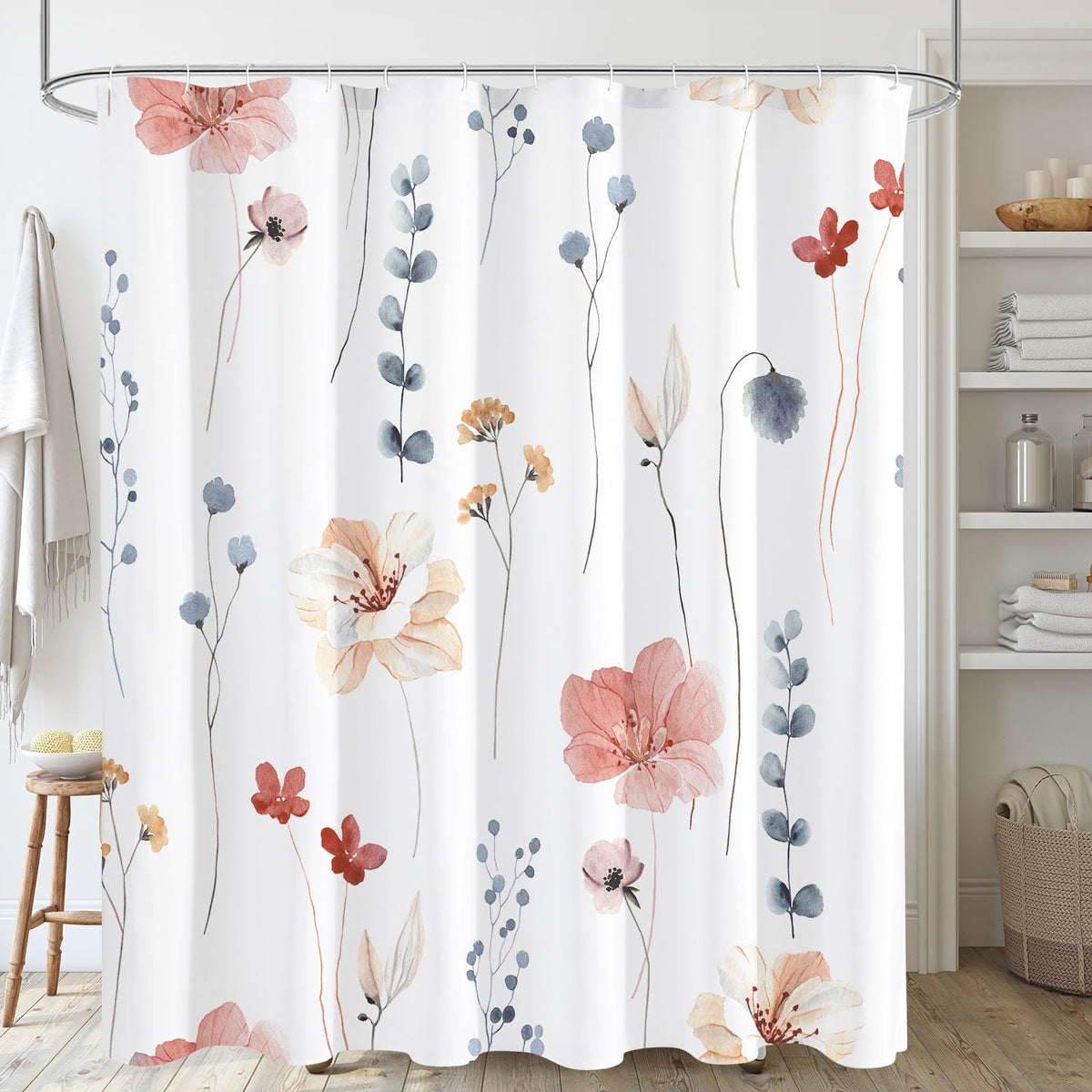 Gibelle Blue Yellow Watercolor Floral Fabric Shower Curtain, 72x72