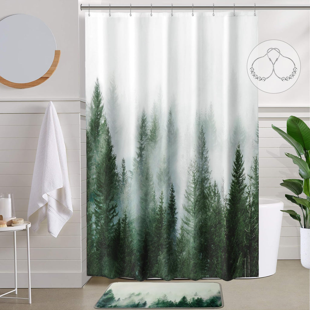 ORTIGIA Dark Green Misty Forest Shower Curtain for Bathroom, Nature Woodland Shower Curtain Set with Hooks, Decorative Pine Tree Fog Magic Bath Curtain for Home, Waterproof Fabric, Weighted, 72x72