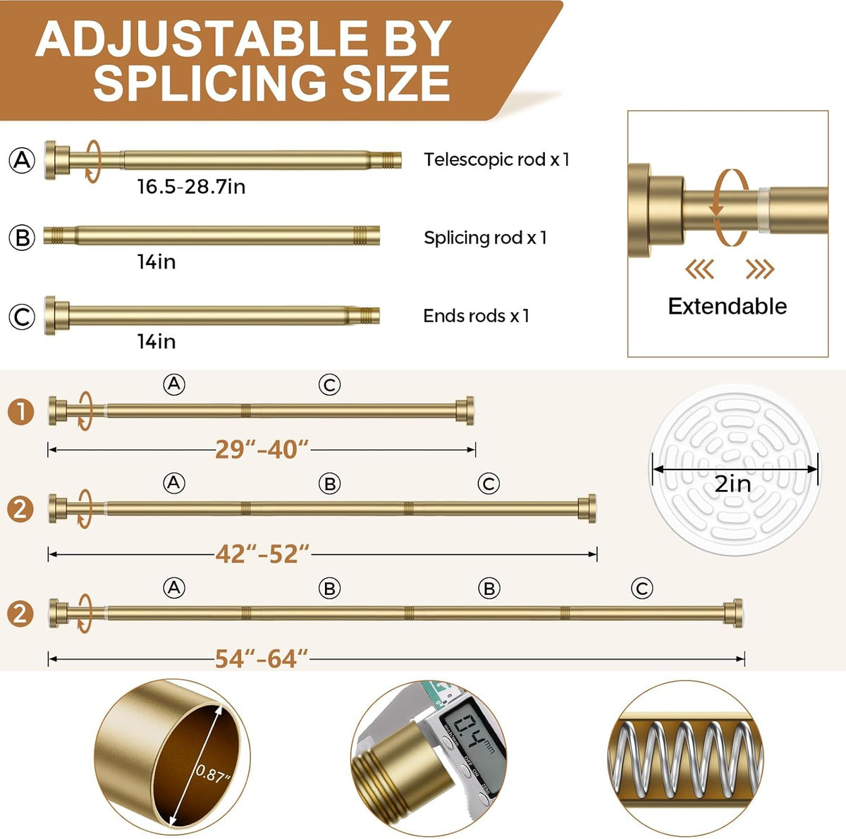 AIZESI Gold Tension Curtain Rod 30-63In 1PCS,Adjustable Spring Tension Rod