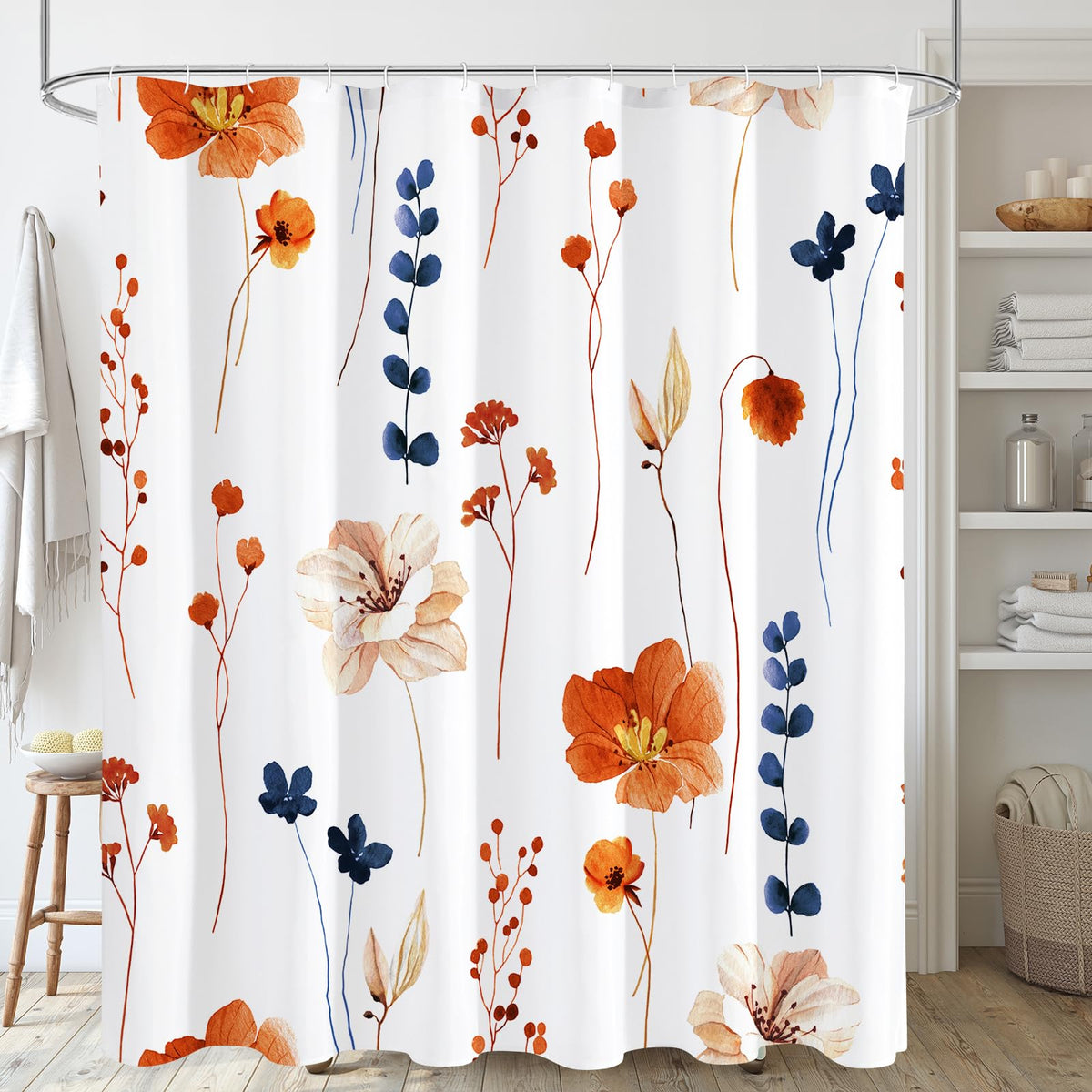 Gibelle Blue Yellow Watercolor Floral Fabric Shower Curtain, 72x72