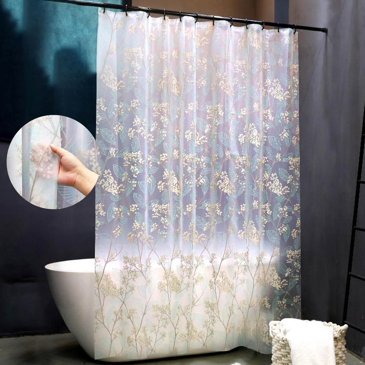 EVA Waterproof Shower Curtain Liner - Matte Clear & Frosted Design with 12 Hooks, Soft Touch, Privacy & Light Transparency, Ideal for Bathroom Decor (Fragrant Grass, 72" x 72")
