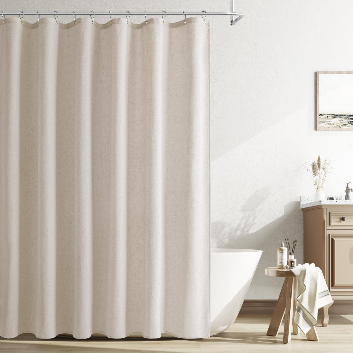 Naturoom Linen Shower Curtain 72 Inch Long for Bathroom Beige 1 Panel