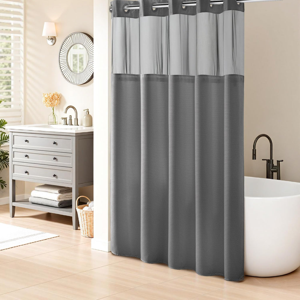 River Dream Heavyweight Waffle No Hook Shower Curtain with Liner,Gray,71x74