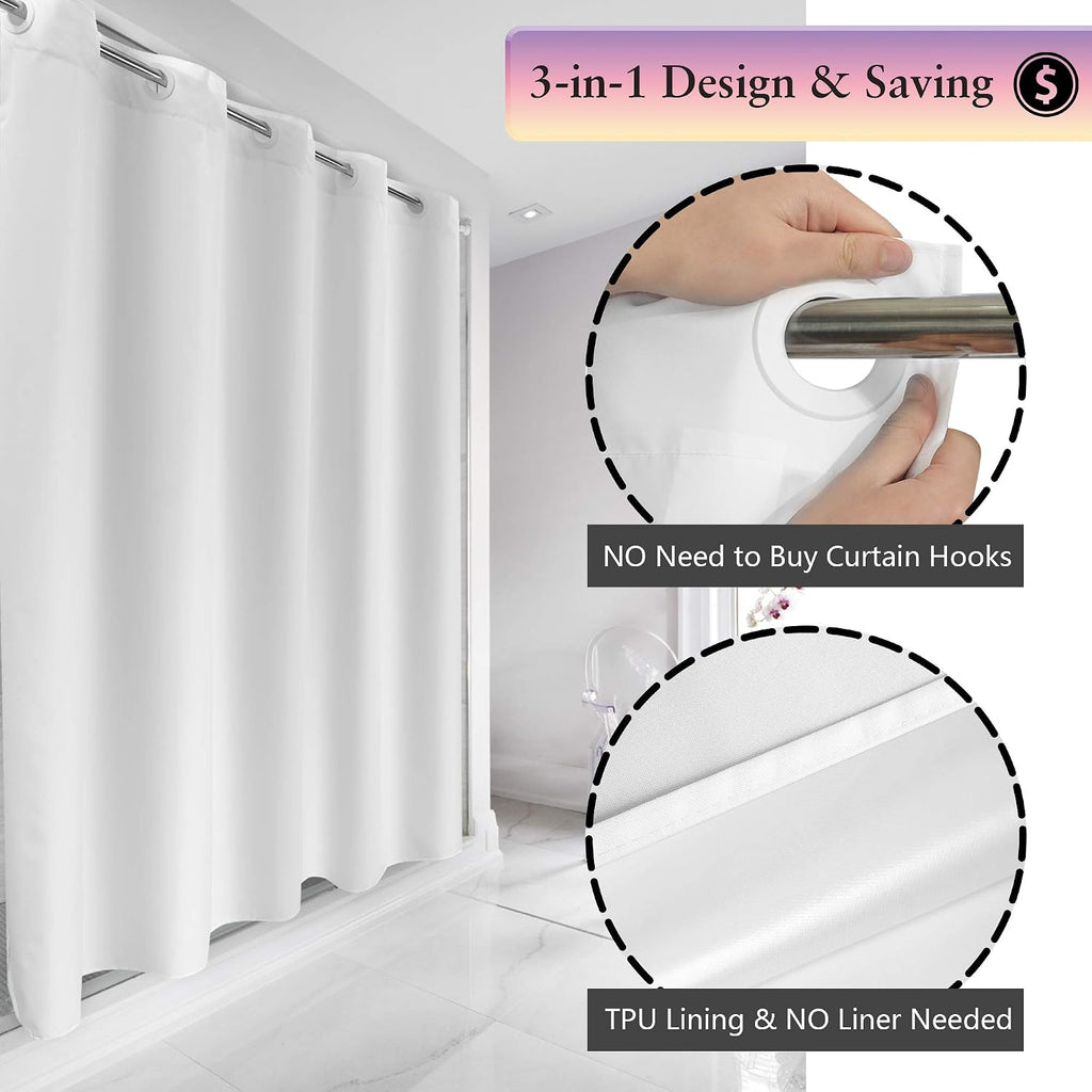 River Dream No Hook Fabric Shower Curtain TPU Lining, White, 71x74