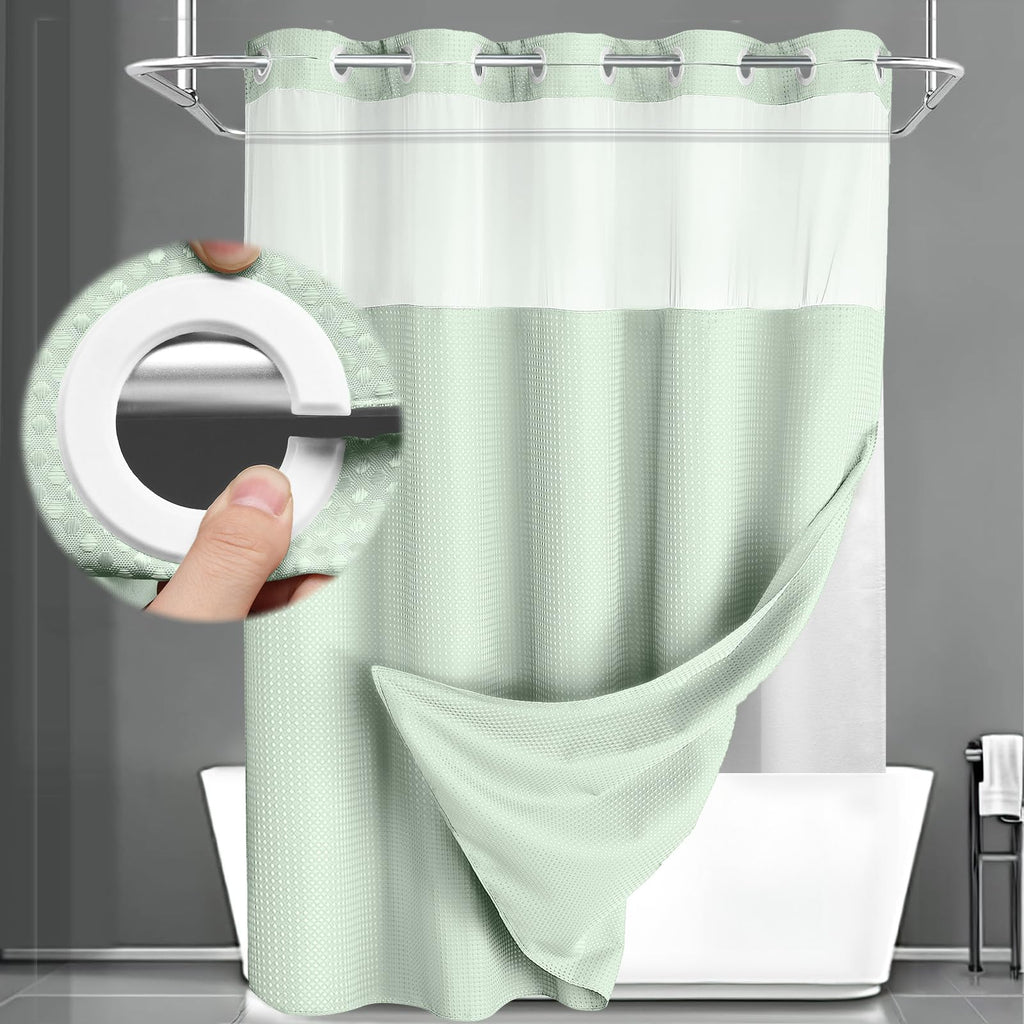 No Hook Shower Curtain with Liner Set Hotel Waffle Curtain White 72W X 75L