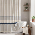 AmazerBath Boho Shower Curtain, Modern Farmhouse Shower Curtain Set with Tassels, Rustic Faux Linen Green Striped Shower Curtain with Hooks, Light Tan Toned, 72x72 Inches