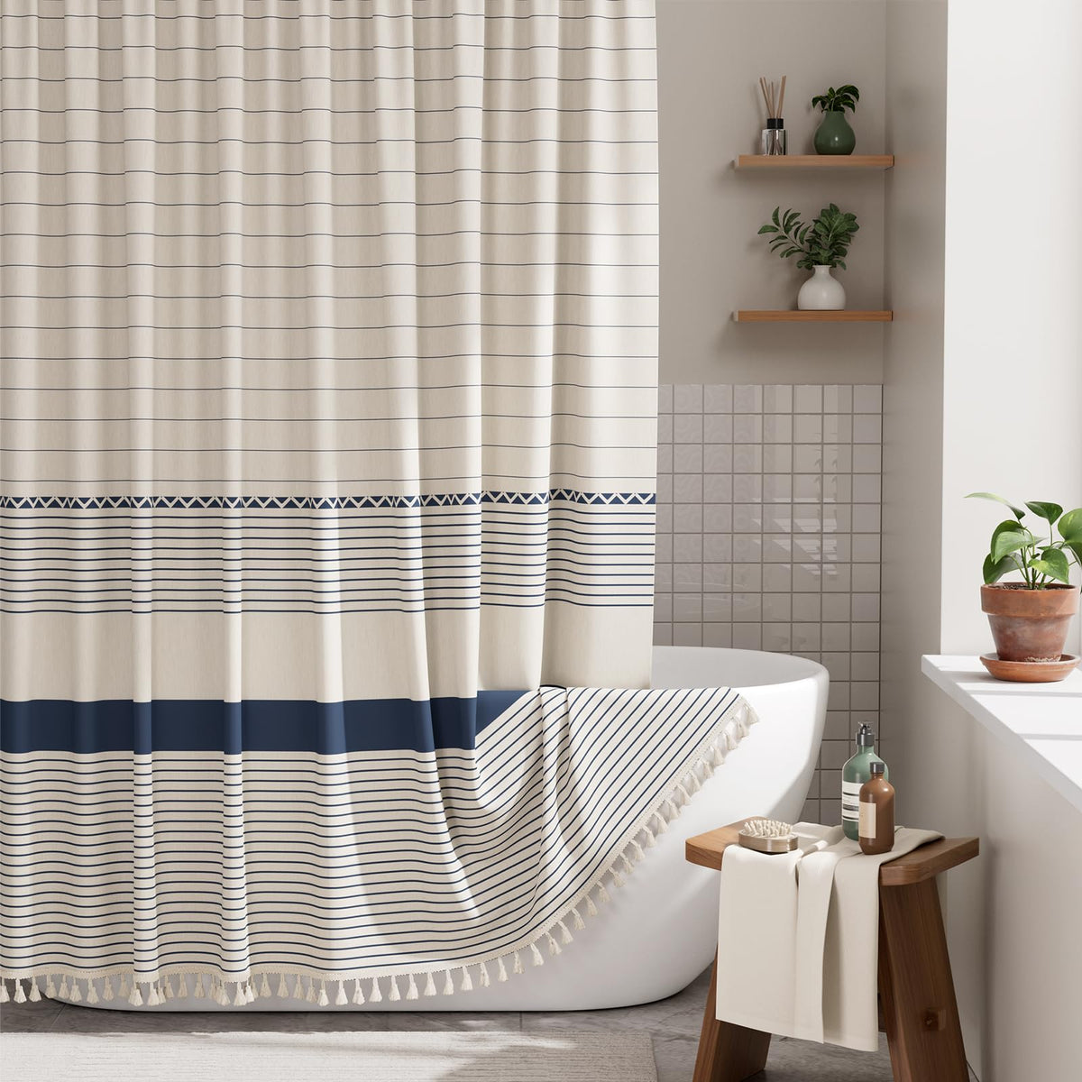 AmazerBath Boho Shower Curtain, Modern Farmhouse Shower Curtain Set with Tassels, Rustic Faux Linen Green Striped Shower Curtain with Hooks, Light Tan Toned, 72x72 Inches