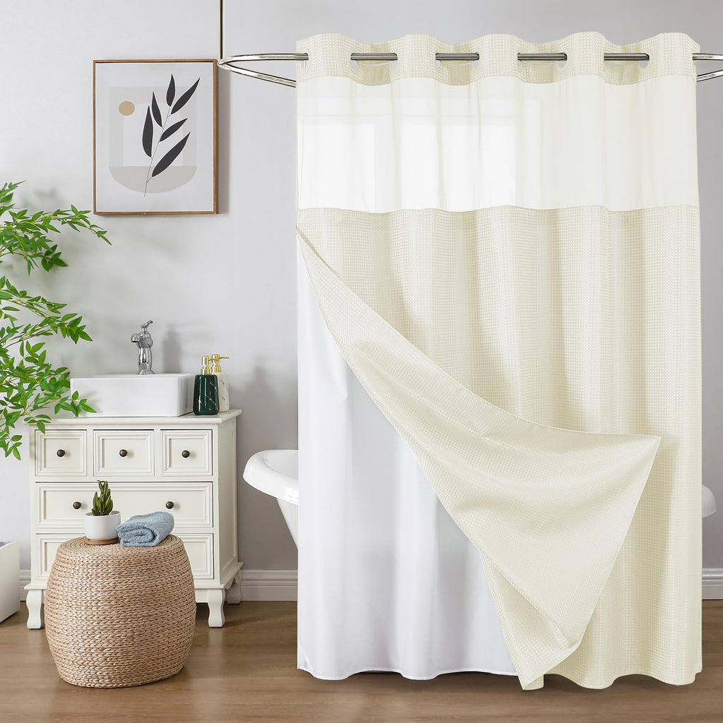 Colorful Star Sage Green No Hook Waffle Shower Curtain Set, 72 x 75 Inch
