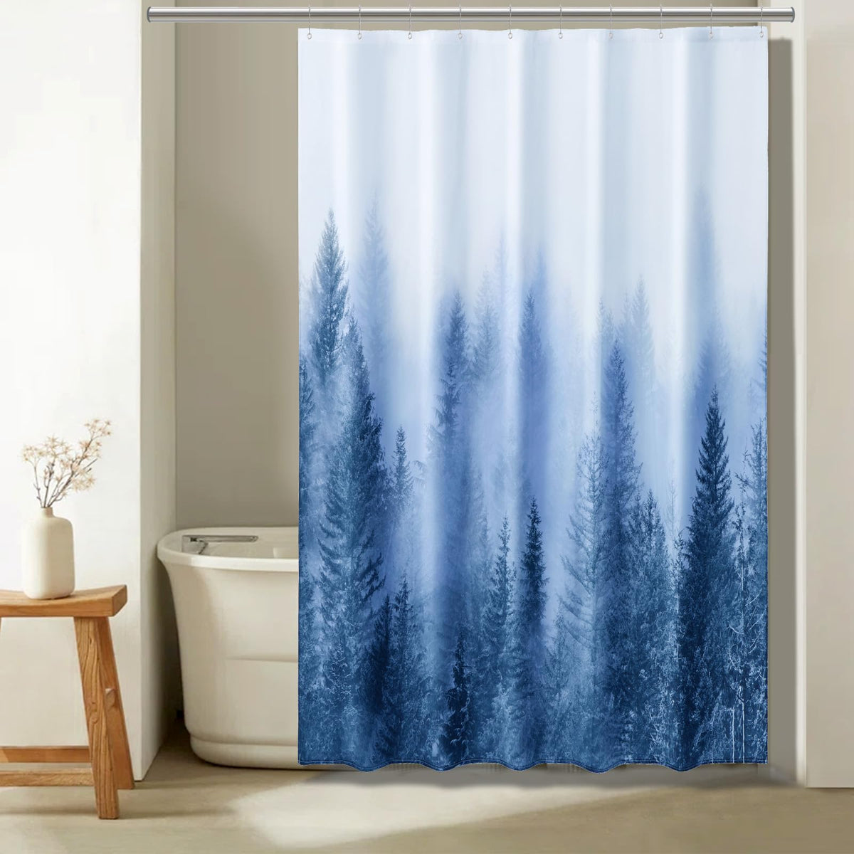 ORTIGIA Dark Green Misty Forest Shower Curtain for Bathroom, Nature Woodland Shower Curtain Set with Hooks, Decorative Pine Tree Fog Magic Bath Curtain for Home, Waterproof Fabric, Weighted, 72x72