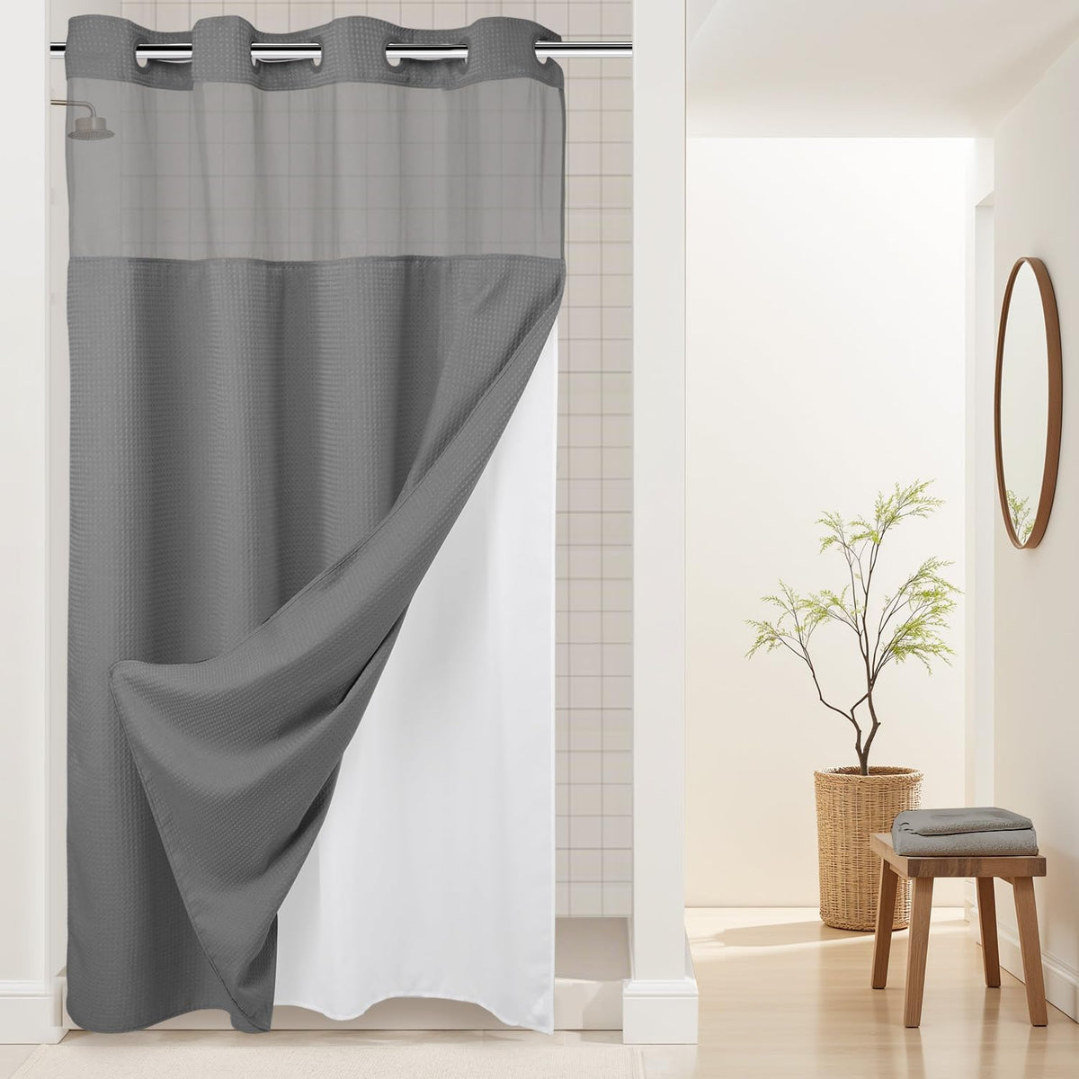 River Dream Heavyweight Waffle No Hook Shower Curtain with Liner,Gray,71x74