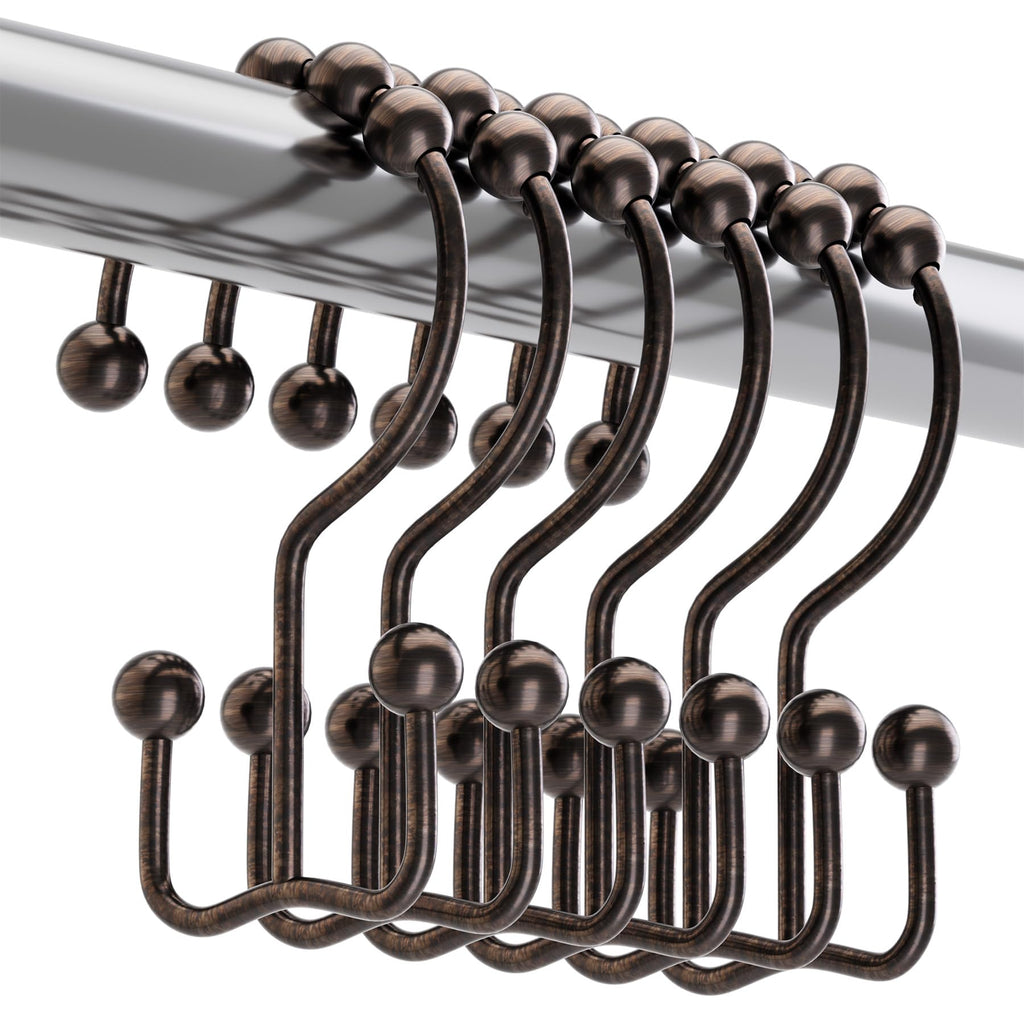 Titanker Double Shower Curtain Hooks, Rust Proof Shower Curtain Rings, Metal Shower Hooks for Bathroom Shower Rods Curtains, Set of 12 Hooks - Chrome