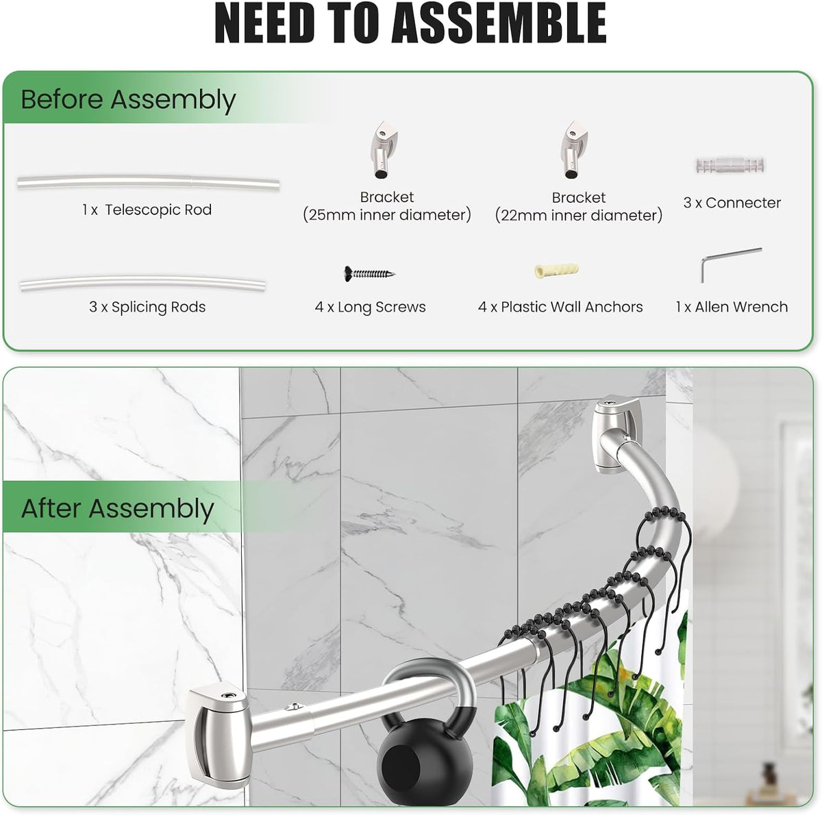 Brushed Nickel Curved Shower Curtain Rod 33-78 Inches Adjustable Splicing Design Curved Shower Rods Round Shower Curtain Rod Rust Proof Stainless Steel Curved Shower Rods For Bathroom Need to Drill