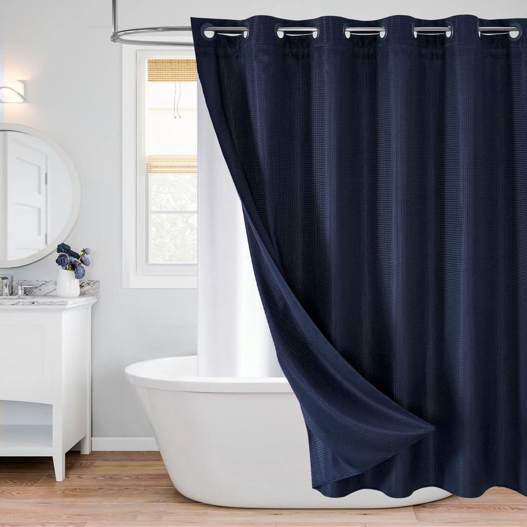 No Hook Weave Fabric Shower Curtain with Snap-in Liner White,72x74