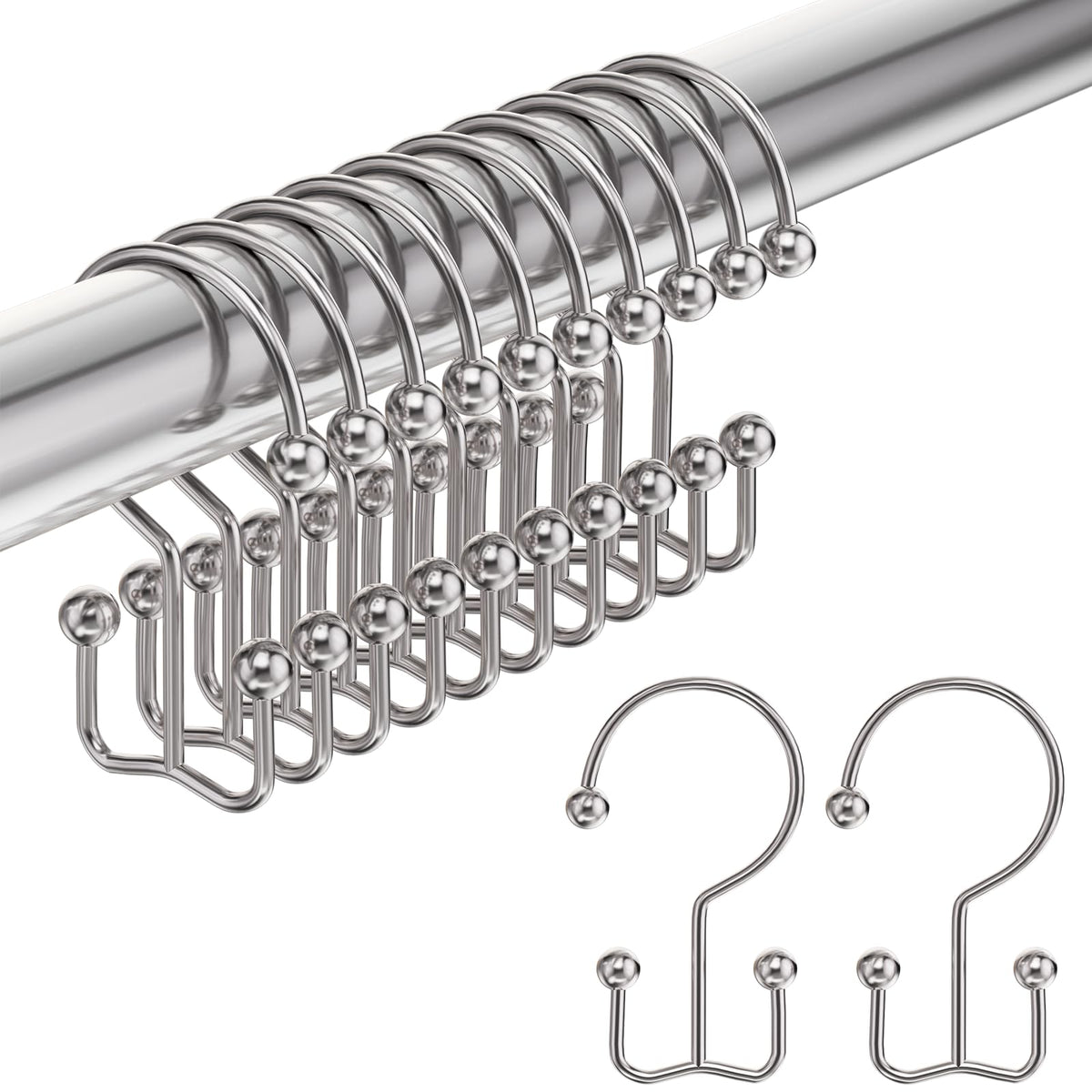 Amazer Shower Curtain Hooks, Decorative Shower Curtain Hooks Rust-Resistant Stainless Steel Shower Curtain Hooks for Bathroom Shower Rod-Set of 12, Polished White