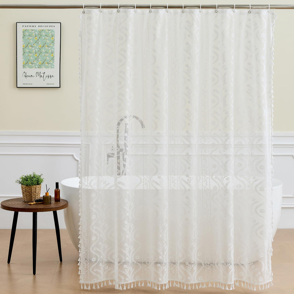 WAZZIO Dark Sage Green Lace Shower Curtain,Boho Chic Style,72 x 72 in
