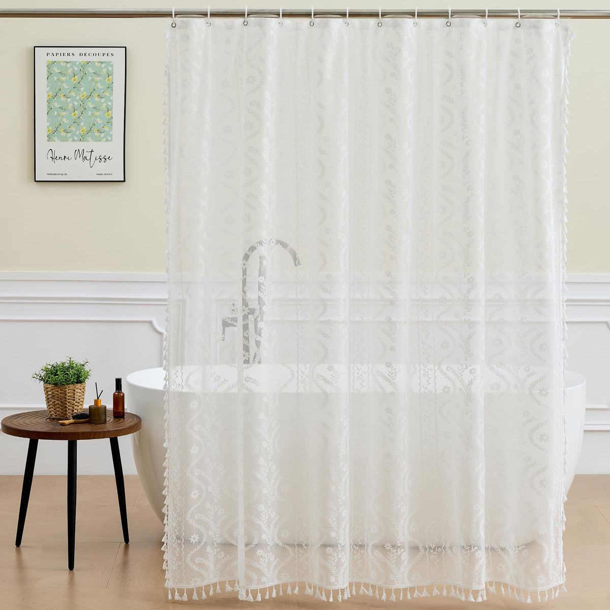 WAZZIO Dark Sage Green Lace Shower Curtain,Boho Chic Style,72 x 72 in