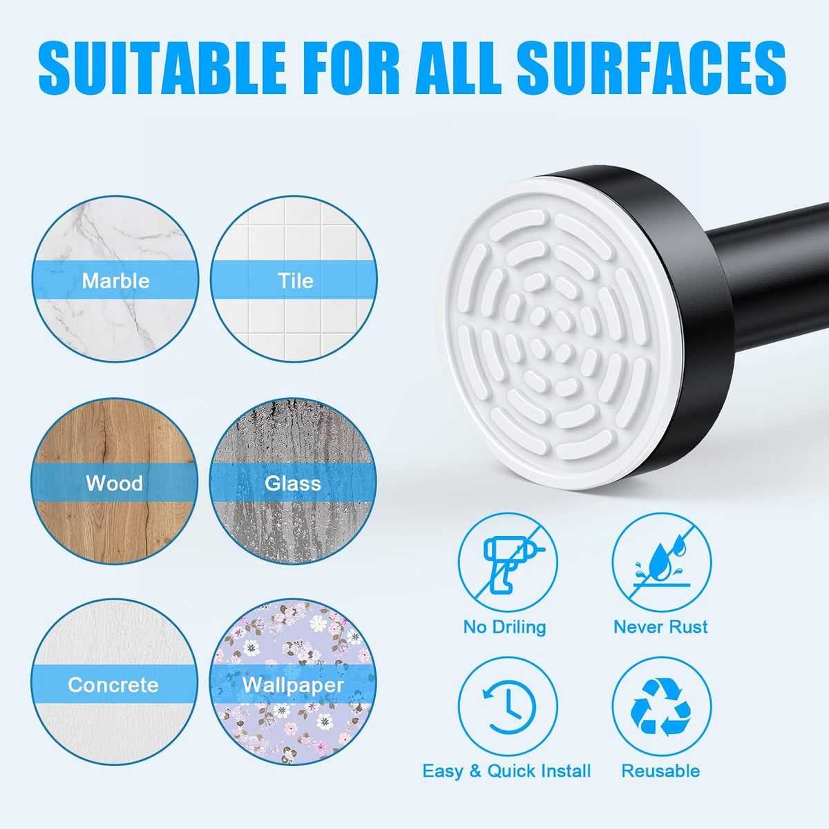 TEECK Shower Curtain Rod, 32-80 inch Adjustable Spring Tension Curtain Rod, Never Rust Anti-Slip Shower Curtain Rod for Bathroom, No Drilling, Never Collapse, Easy to Use, Black