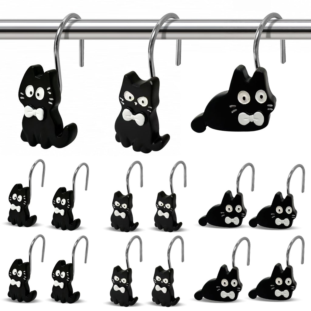 Black Cat Shower Curtain Hooks Set of 12, Decorative Resin Shower Rings