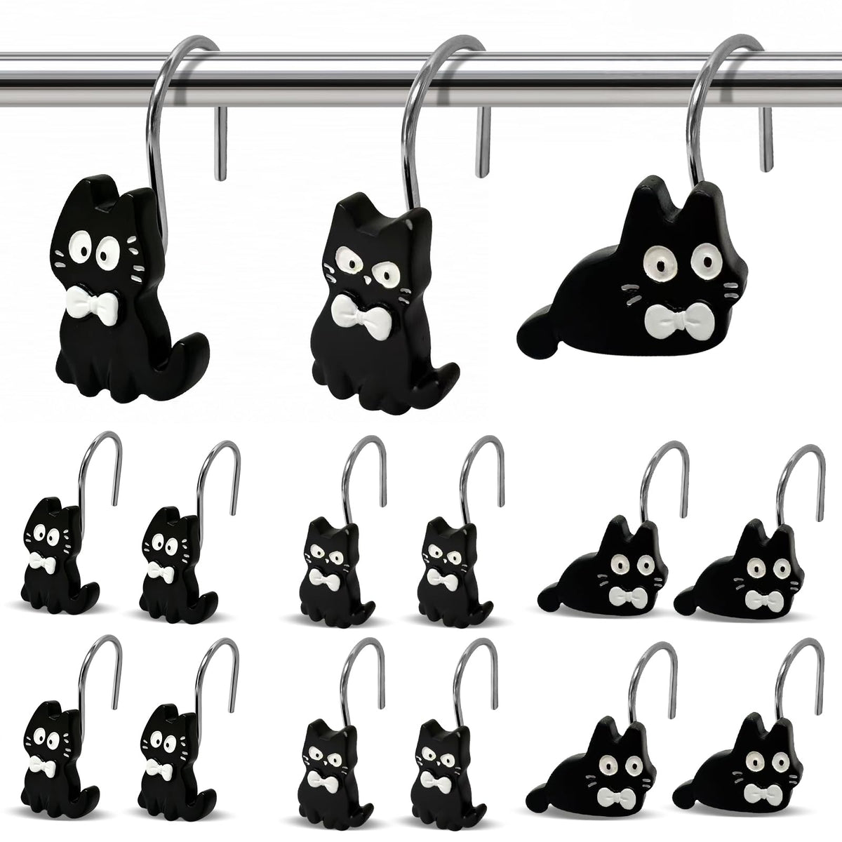 Black Cat Shower Curtain Hooks Set of 12, Decorative Resin Shower Rings