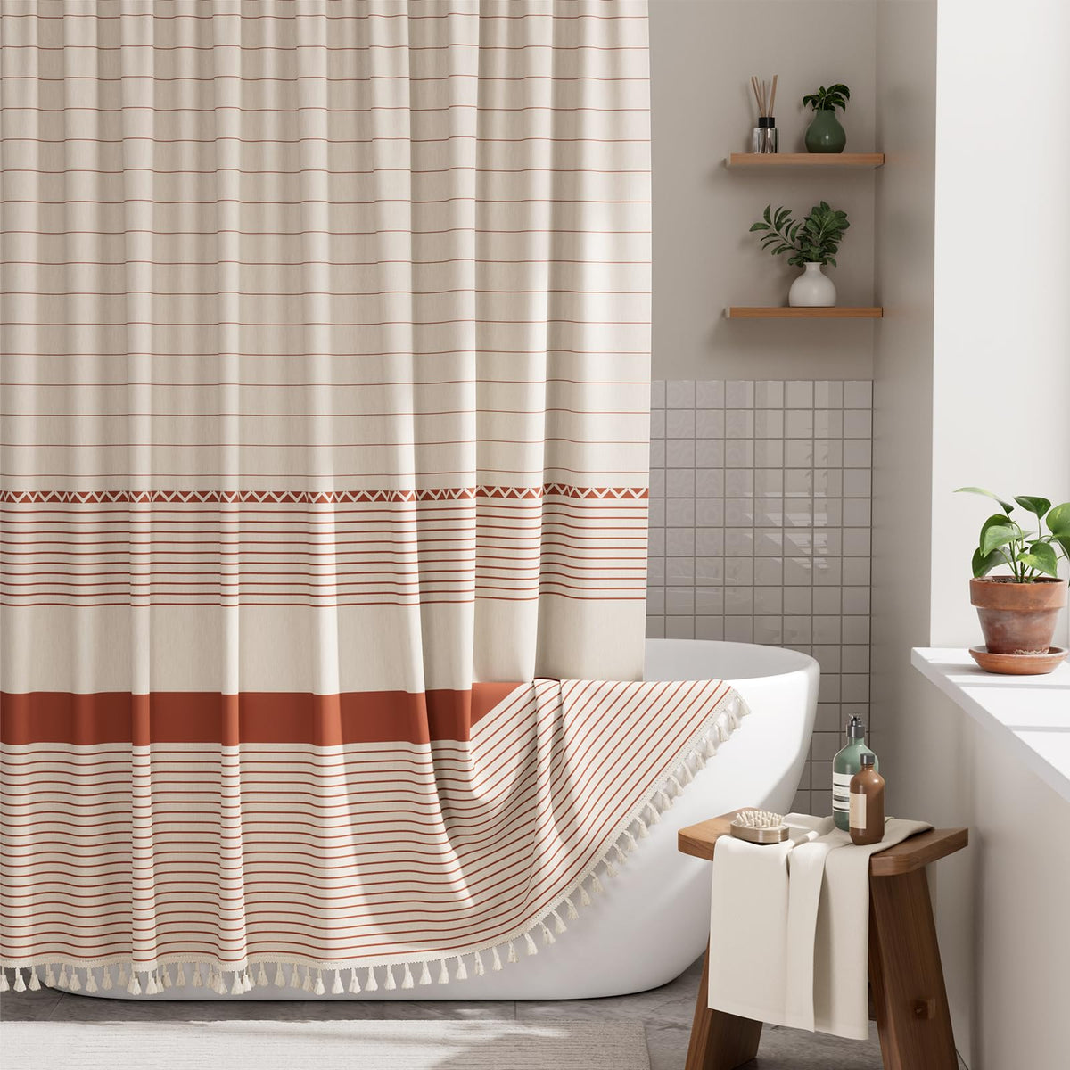 AmazerBath Boho Shower Curtain, Modern Farmhouse Shower Curtain Set with Tassels, Rustic Faux Linen Green Striped Shower Curtain with Hooks, Light Tan Toned, 72x72 Inches