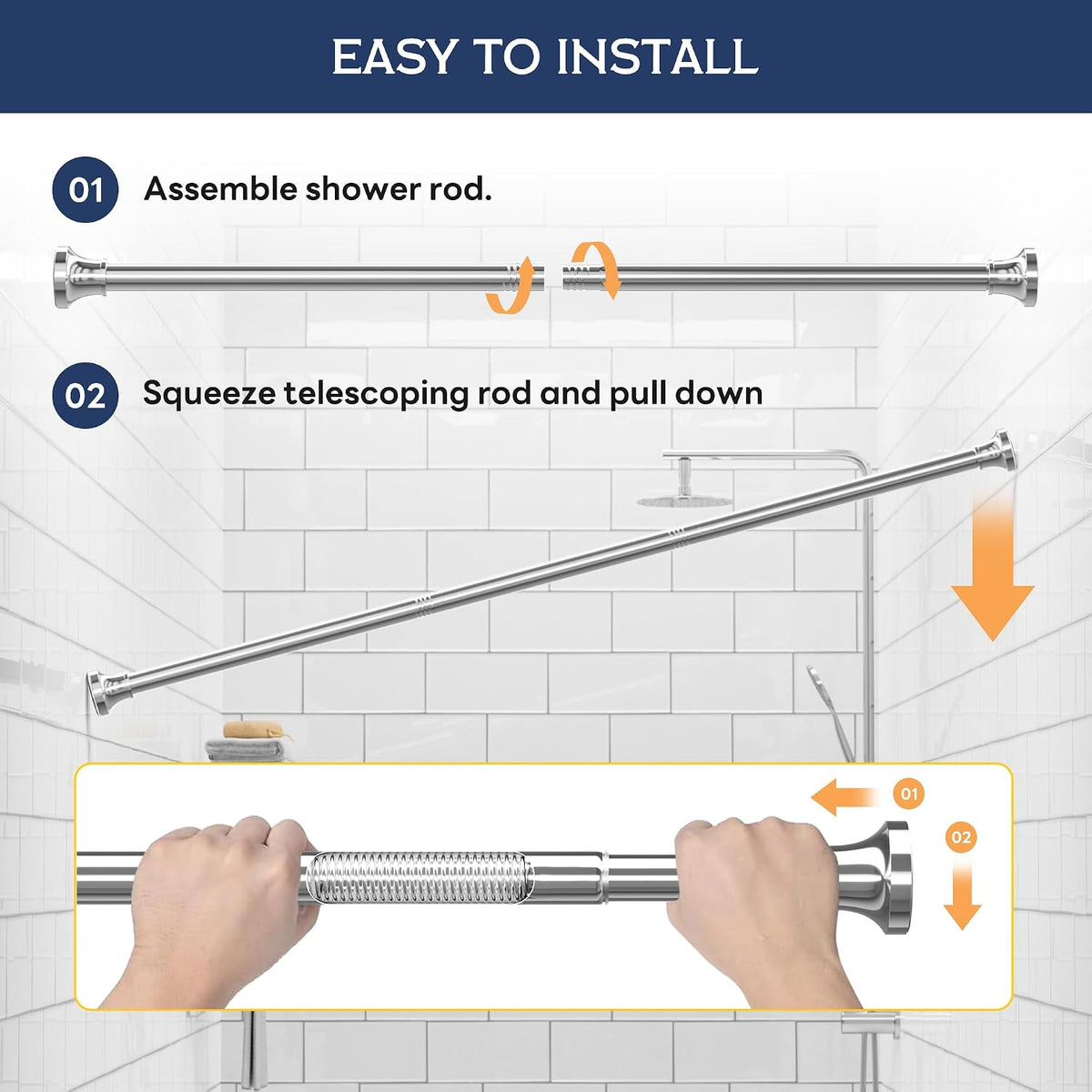 STARLATTA Shower Curtain Rod, 31-80 Inches Adjustable Tension Rod, 1-Inch Diameter Heavy Duty Rustproof Stainless Steel, No-Drill Spring Rod for Bathroom, Kitchen and Closet, Silver