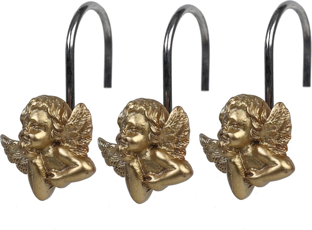 Twofish Home Golden Angel Shower Curtain Hooks Anti Rust Shower Curtain Hooks Decorative Resin Golden Angel Shower Curtain Rings Set of 12
