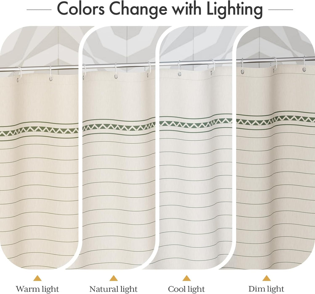 AmazerBath Boho Shower Curtain, Modern Farmhouse Shower Curtain Set with Tassels, Rustic Faux Linen Green Striped Shower Curtain with Hooks, Light Tan Toned, 72x72 Inches