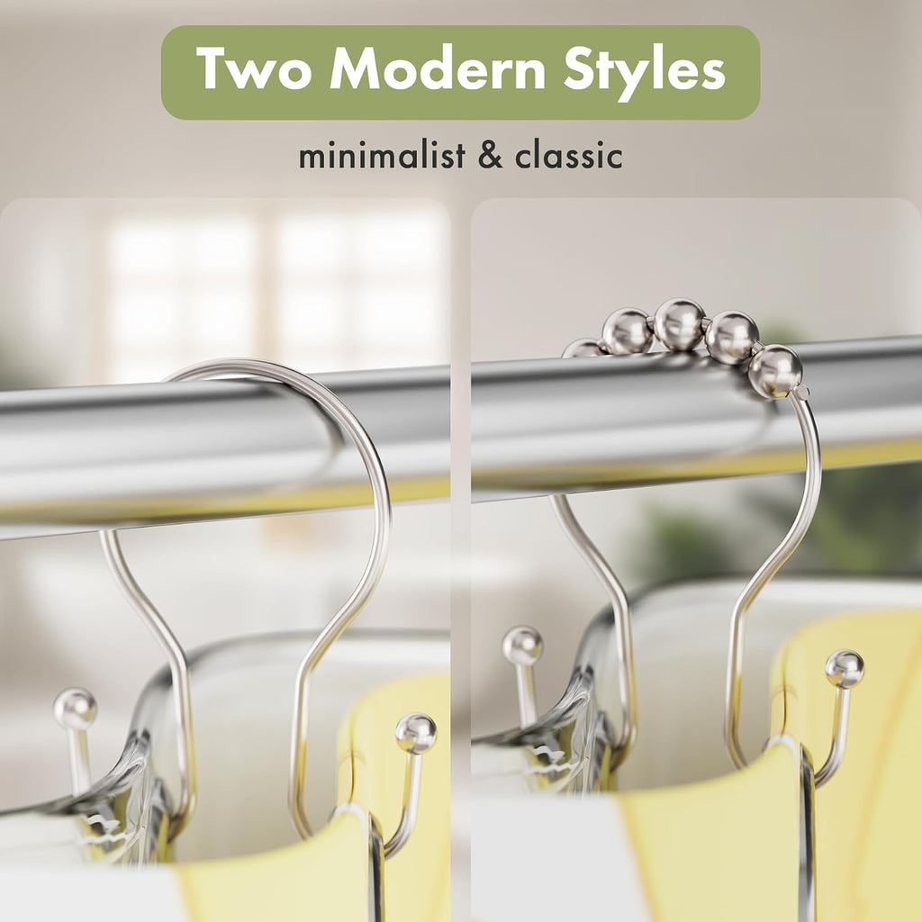 AmazerBath Shower Curtain Hooks Brushed Nickel Shower Curtain Rings, Simple Double Hook Shower Curtain Hooks Rust Proof, Smooth Glide Metal Shower Hooks for Shower Curtain, 12Pcs Shower Rod Hooks